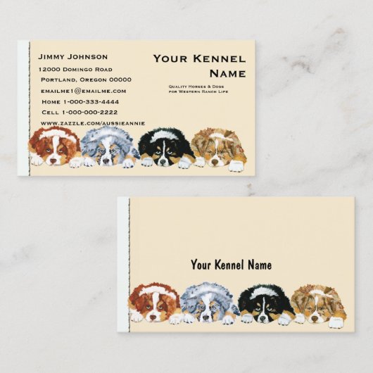 Vier Australische Puppies van Shepherd Visitekaartje (Voorkant / Achterkant)
