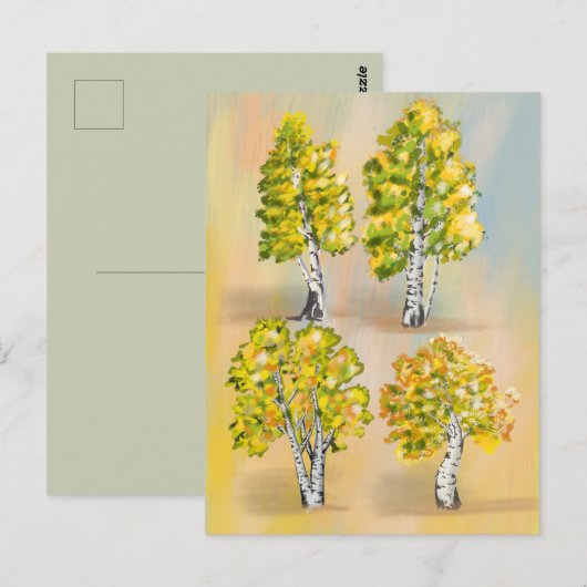 Vier berken in kleur, botanisch. briefkaart (Voorkant / Achterkant)