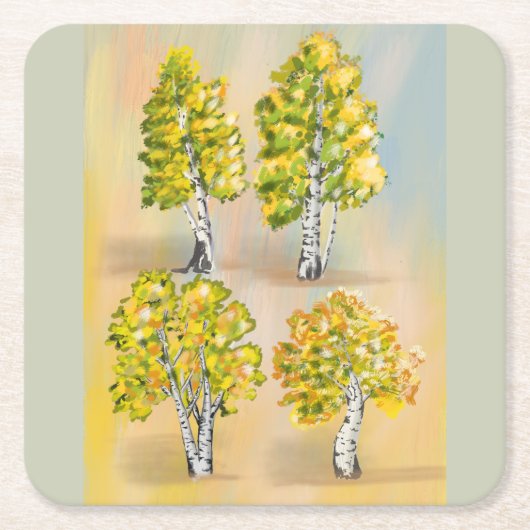 Vier berken in kleur, botanisch. kartonnen onderzetters (Voorkant)