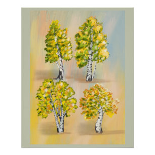 Vier berken in kleur, botanisch. perfect poster