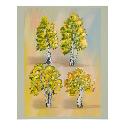 Vier berken in kleur, botanisch. perfect poster (Voorkant)