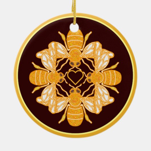 Vier bijen op een donkerbruine goudcirkel keramisch ornament (Achterkant)