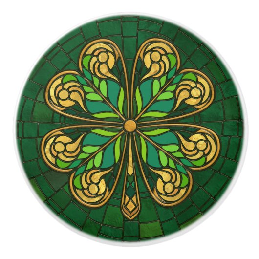 Vier-blad klaver - Groen en Goud Mozaïek Keramische Knop (Voorkant)