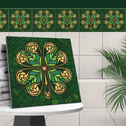 Vier-blad klaver - Groen en Goud Mozaïek Tegeltje