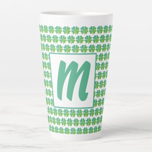 Vier bladluiken Pattern Green Blue Monogramed Latte Mok (Voorkant)