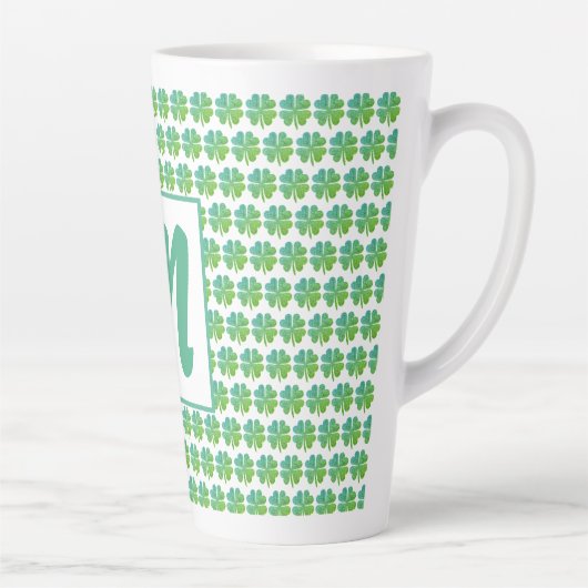 Vier bladluiken Pattern Green Blue Monogramed Latte Mok (Rechts)