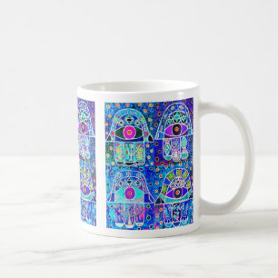 Vier Blauwe Hamsa  Tapastry Judaica Koffiemok