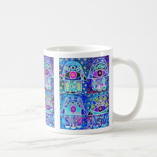 Vier Blauwe Hamsa Tapastry Judaica Koffiemok (Rechts)