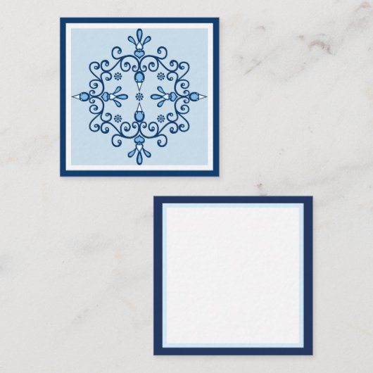 Vier blauwe liefdesvogels als volkskunst en blauwe vierkante visitekaartje (Voorkant / Achterkant)