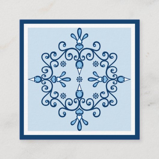 Vier blauwe liefdesvogels als volkskunst en blauwe vierkante visitekaartje (Voorkant)