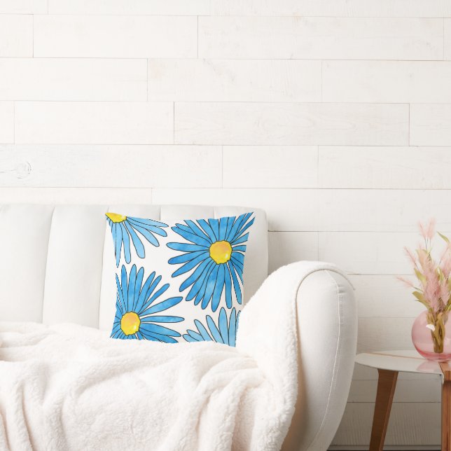 Vier blauwe pen en Waterverf aster bloemen Kussen (Bank)