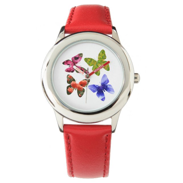 Vier bloemvlinders, Kinder leder Horloge (Voorkant)