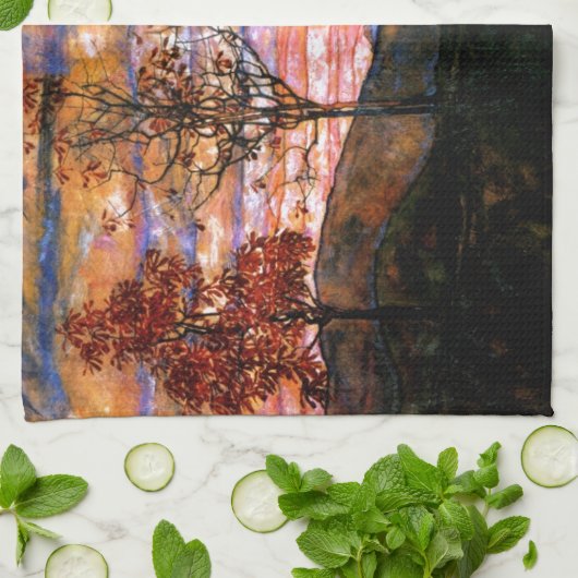 Vier bomen door Egon Schiele Theedoek (Gevouwen)