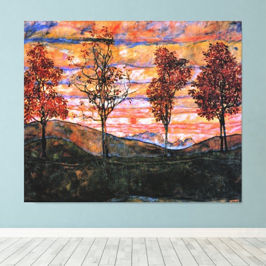 Vier bomen, kunst van Egon Schiele, Canvas Afdruk (Insitu (Houten vloer))