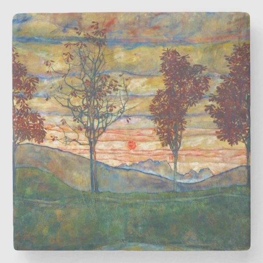 Vier bomen (landschapskunst) (van Egon Schiele) Stenen Onderzetter (Voorkant)