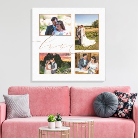 Vier bruiloft foto's Collage Love Script White Canvas Afdruk (Insitu (Woonkamer))