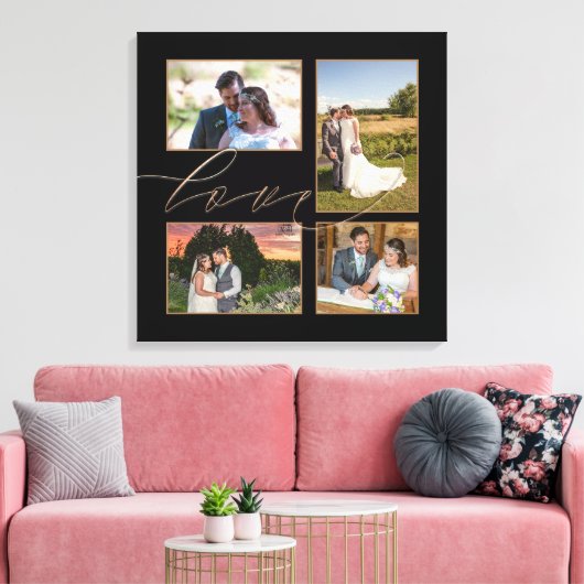 Vier Bruiloftsfoto's Collage Liefde Schrift Zwart Canvas Afdruk (Insitu (Woonkamer))