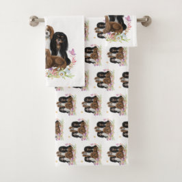 Vier Cavalier King Charles Spaniels in Flowers     Bad Handdoek