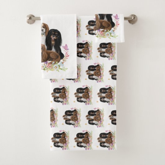 Vier Cavalier King Charles Spaniels in Flowers     Bad Handdoek (Insitu)