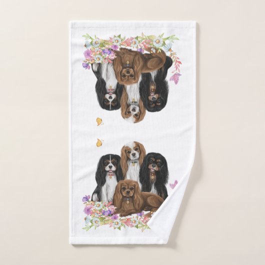 Vier Cavalier King Charles Spaniels in Flowers     Bad Handdoek (Handdoek)