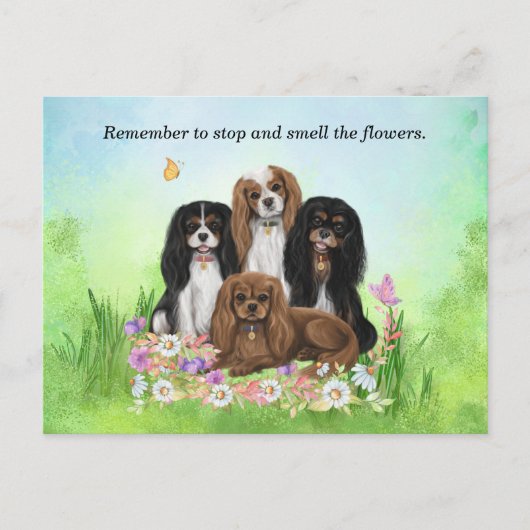 Vier Cavalier King Charles Spaniels in Flowers Briefkaart (Voorkant)