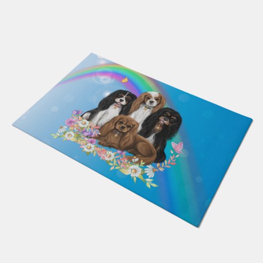 Vier Cavalier King Charles Spaniels in Flowers  Deurmat (Schuin)