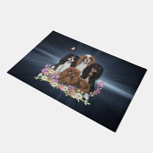 Vier Cavalier King Charles Spaniels in Flowers     Deurmat (Schuin)