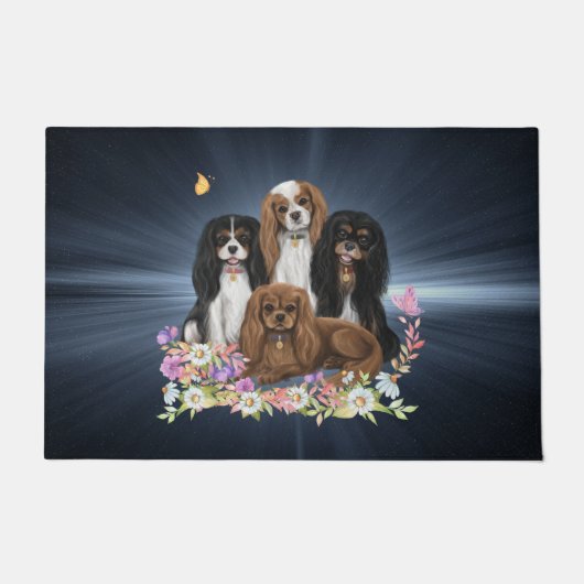 Vier Cavalier King Charles Spaniels in Flowers     Deurmat (Voorkant)