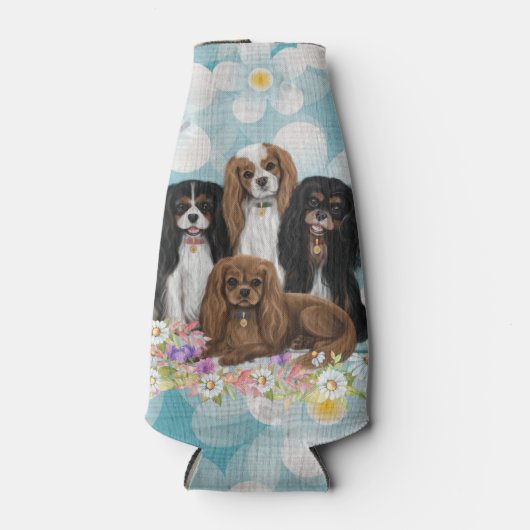 Vier Cavalier King Charles Spaniels in Flowers Flesjeskoeler (Voorkant)