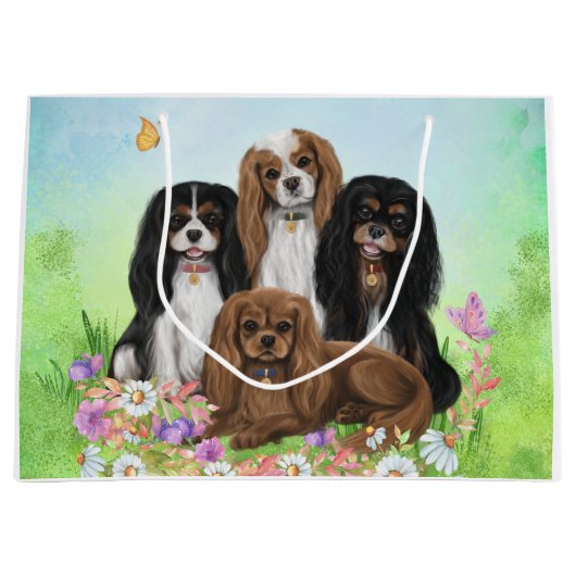 Vier Cavalier King Charles Spaniels in Flowers Groot Cadeauzakje (Voorkant)