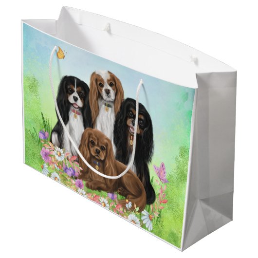 Vier Cavalier King Charles Spaniels in Flowers Groot Cadeauzakje (Achterkant Gekanteld)