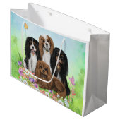Vier Cavalier King Charles Spaniels in Flowers Groot Cadeauzakje (Voorkant Gekanteld)