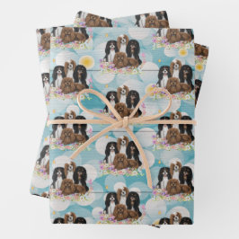 Vier Cavalier King Charles Spaniels in Flowers Inpakpapier Vel