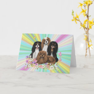 Vier Cavalier King Charles Spaniels in Flowers Kaart