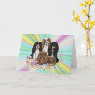 Vier Cavalier King Charles Spaniels in Flowers Kaart