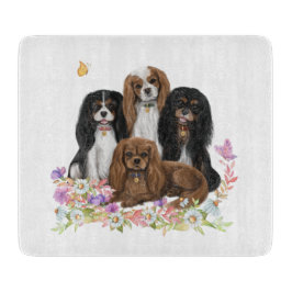 Vier Cavalier King Charles Spaniels in Flowers   Snijplank
