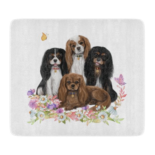 Vier Cavalier King Charles Spaniels in Flowers Snijplank (Voorkant)