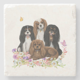 Vier Cavalier King Charles Spaniels in Flowers    Stenen Onderzetter