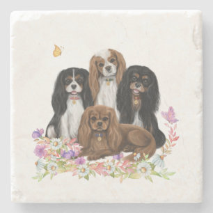 Vier Cavalier King Charles Spaniels in Flowers    Stenen Onderzetter