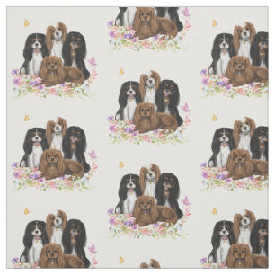 Vier Cavalier King Charles Spaniels in Flowers  Stof