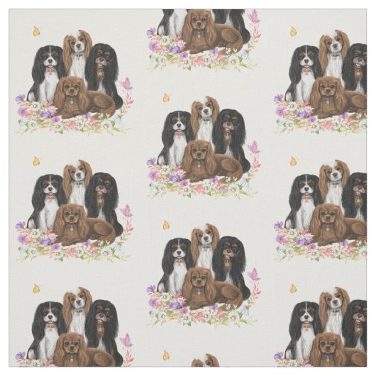 Vier Cavalier King Charles Spaniels in Flowers Stof (Swatch)