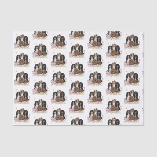 Vier Cavalier King Charles Spaniels in Flowers   Tissuepapier (Voorkant)