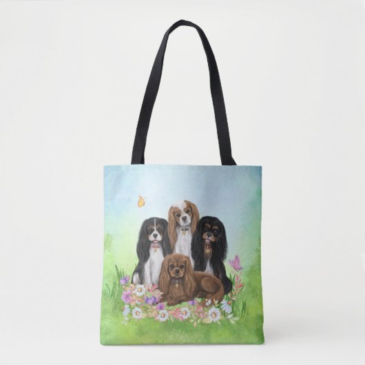 Vier Cavalier King Charles Spaniels in Flowers Tote Bag (Voorkant)