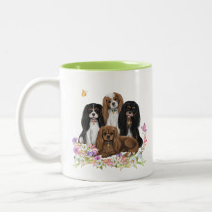 Vier Cavalier King Charles Spaniels in Flowers  Tweekleurige Koffiemok