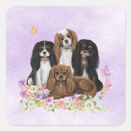 Vier Cavalier King Charles Spaniels in Flowers Vierkante Sticker