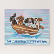 Vier Cavalier King Charles Spaniels op een boot