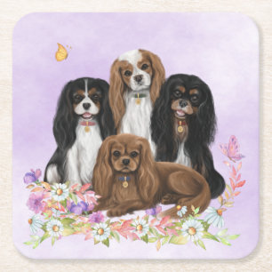 Vier Cavalier King Charles Spaniels tussen Bloemen Kartonnen Onderzetters