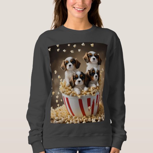 vier Cavalier Spaniel-Puppies in de popcorn, Trui (Voorkant)