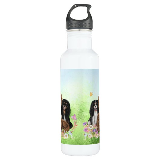Vier Cavalier Spaniels in Flowers Stainless Steel Waterfles (Voorkant)