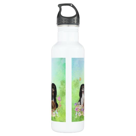 Vier Cavalier Spaniels in Flowers Stainless Steel Waterfles (Achterkant)